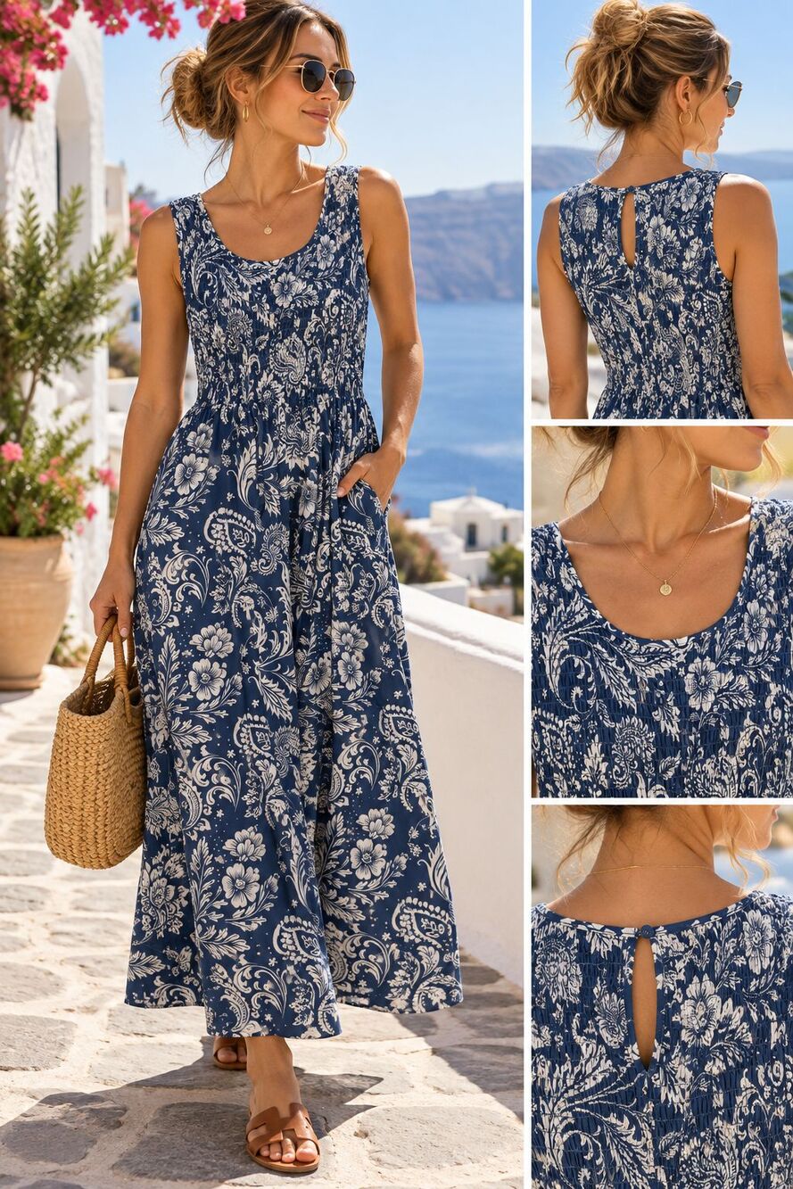 Womens S Blue White Floral Paisley Smocked Midi Maxi Dress 100% Rayon
